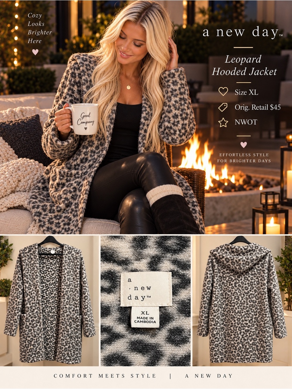 a new day Leopard Hooded Teddy Jacket - Gray & Black